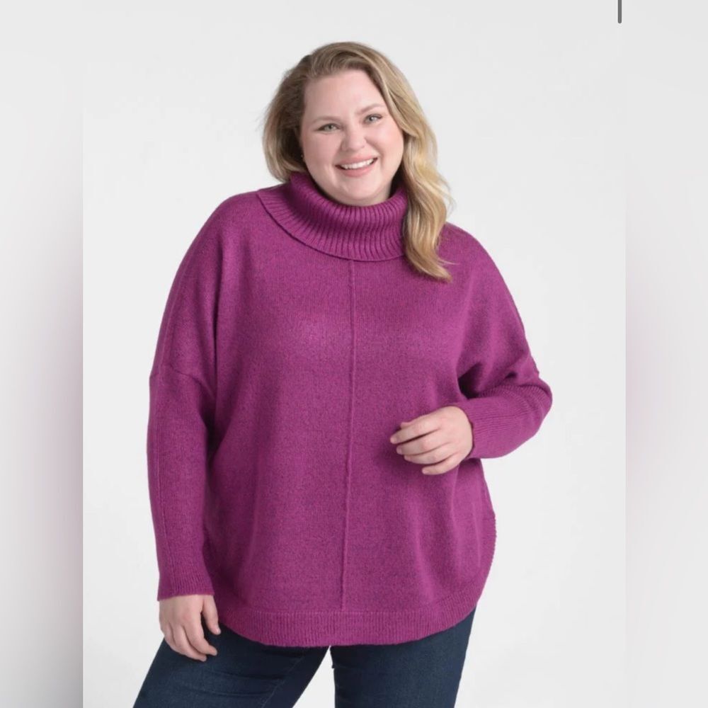 CJ Banks Womens 1X Magenta Purple Turtleneck Sweater Oversized Knit Pullover NEW